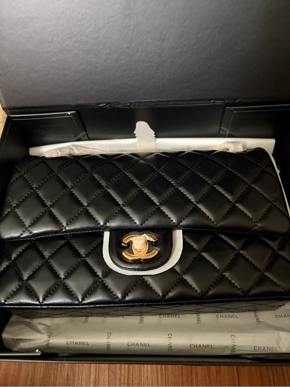 CHANEL Black Quilted Lambskin Shoulder Bag with Gold Hardware